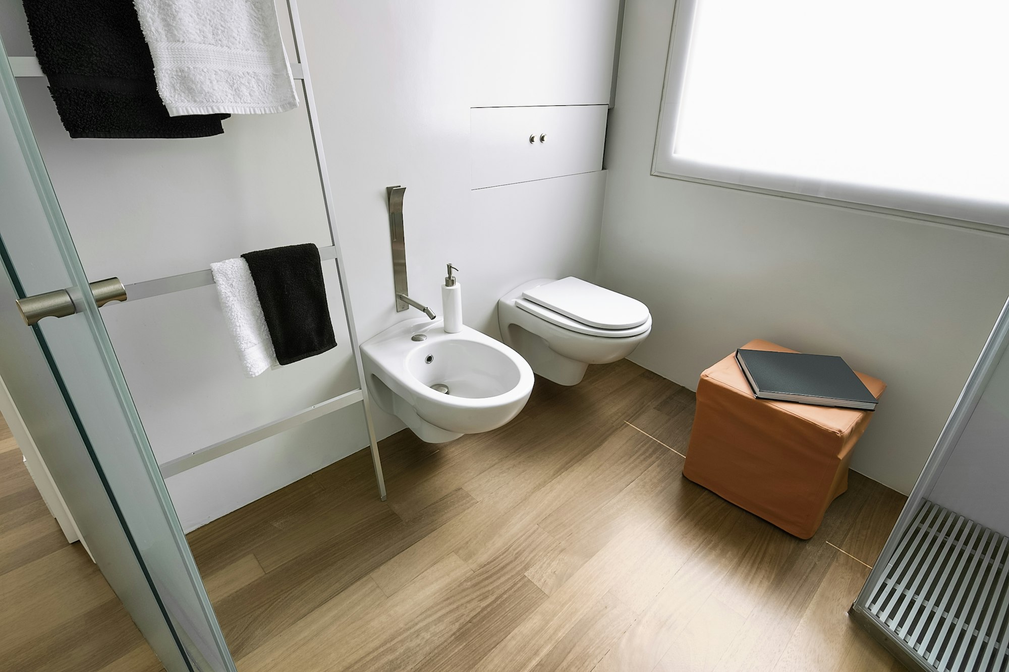 Modern Bathroom Interior with Wooden Floor